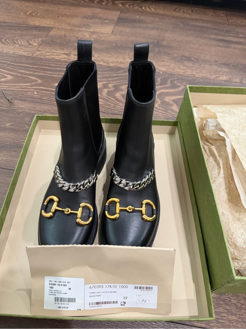 Gucci Black Leather Women's Ankle Boots with Gold Horsebit and Silver Chain